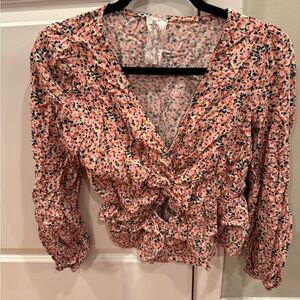 Sadie & Sage Shirt Womens Sz Small Pink Blue Floral Peplum Top Ruffle V Neck